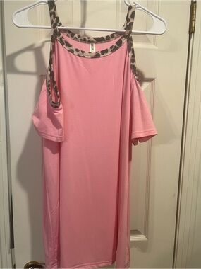 Pink Cold-Shoulder Dress with Leopard Trim